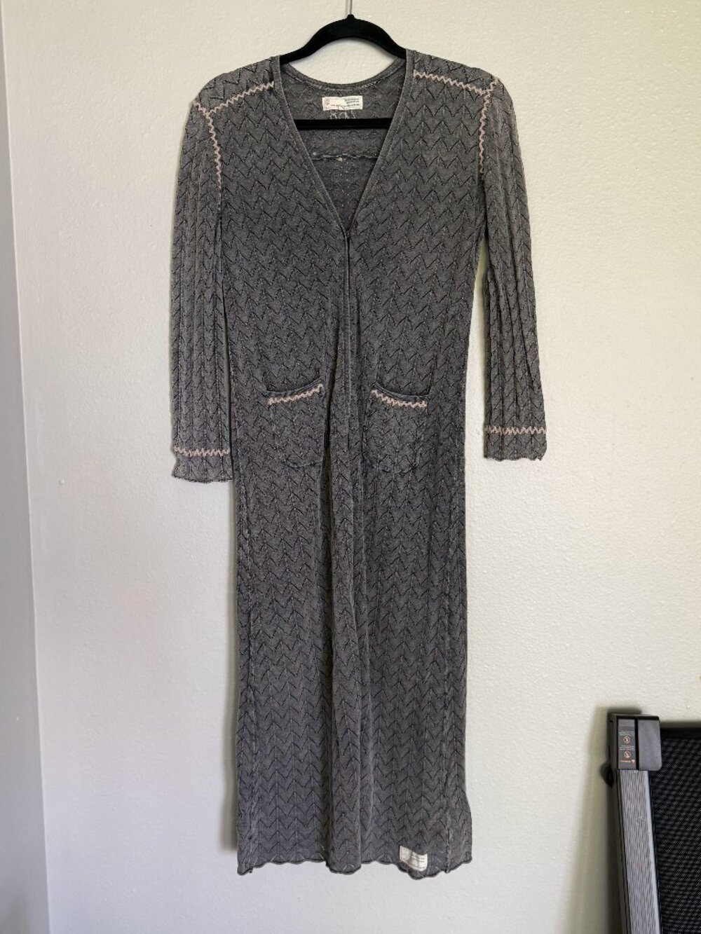 Odd Molly 268 Pointelle/Chevron/Knit Maxi Duster Cardigan Gray Crochet Trim M